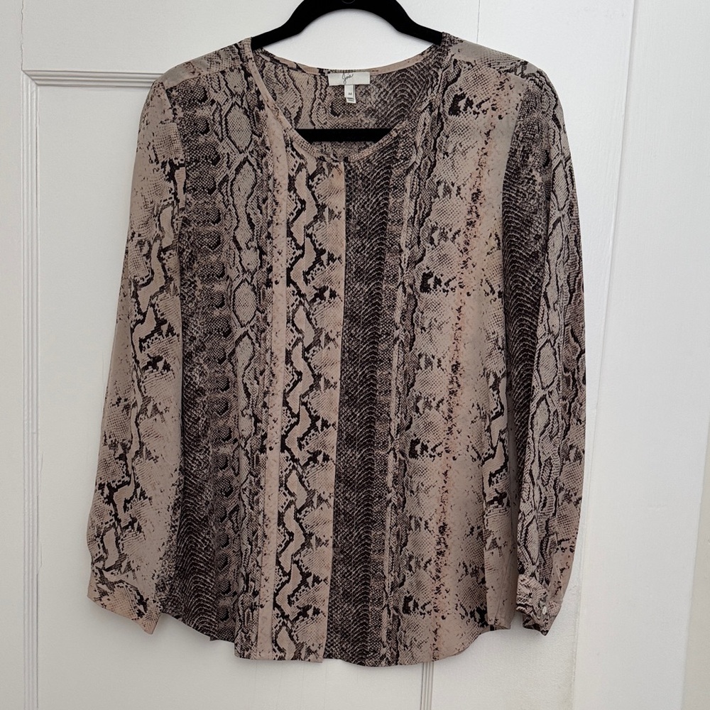 Joie Snake-Print Long Sleeve Blouse in Neutral Taupe and Black, Medium